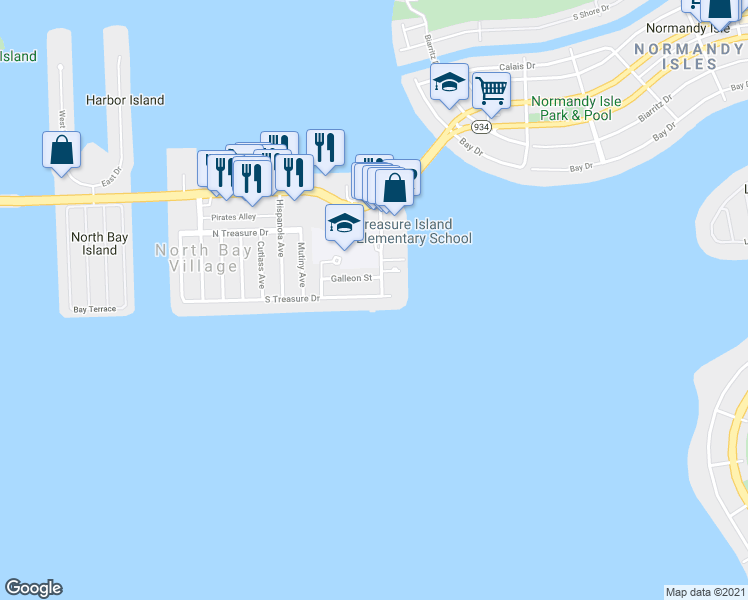 map of restaurants, bars, coffee shops, grocery stores, and more near 7504 East Treasure Drive in North Bay Village