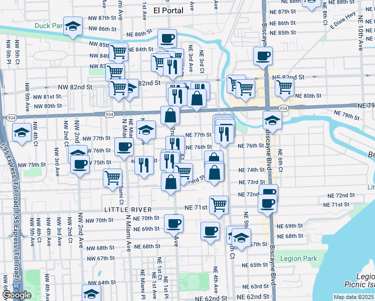 map of restaurants, bars, coffee shops, grocery stores, and more near 259 Northeast 76th Street in Miami