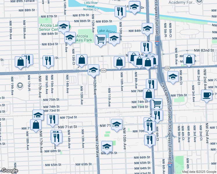 map of restaurants, bars, coffee shops, grocery stores, and more near 1111 Northwest 77th Street in Miami