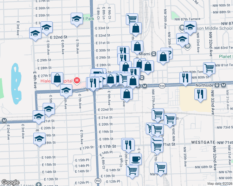 map of restaurants, bars, coffee shops, grocery stores, and more near 934 Northwest 79th Street in Hialeah