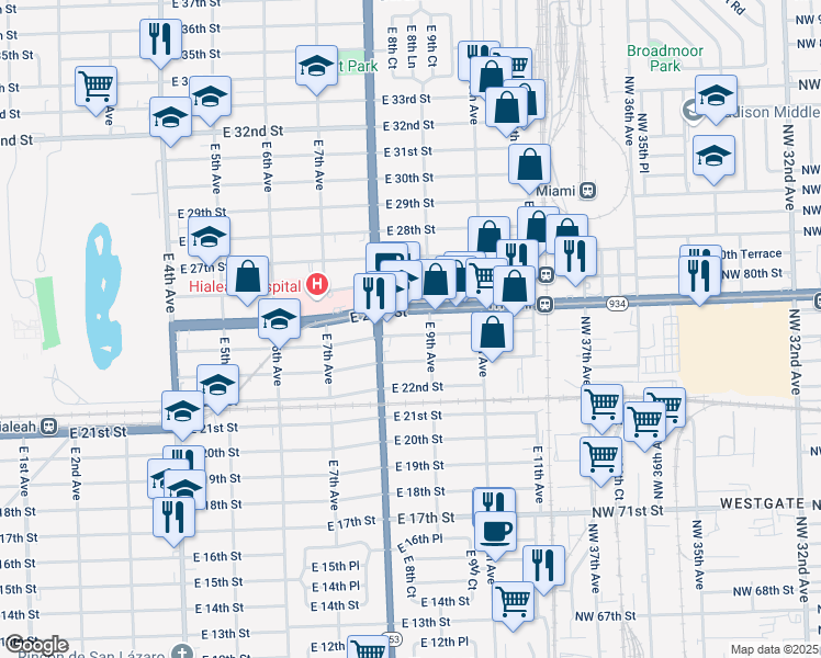 map of restaurants, bars, coffee shops, grocery stores, and more near 860 East 25th Street in Hialeah