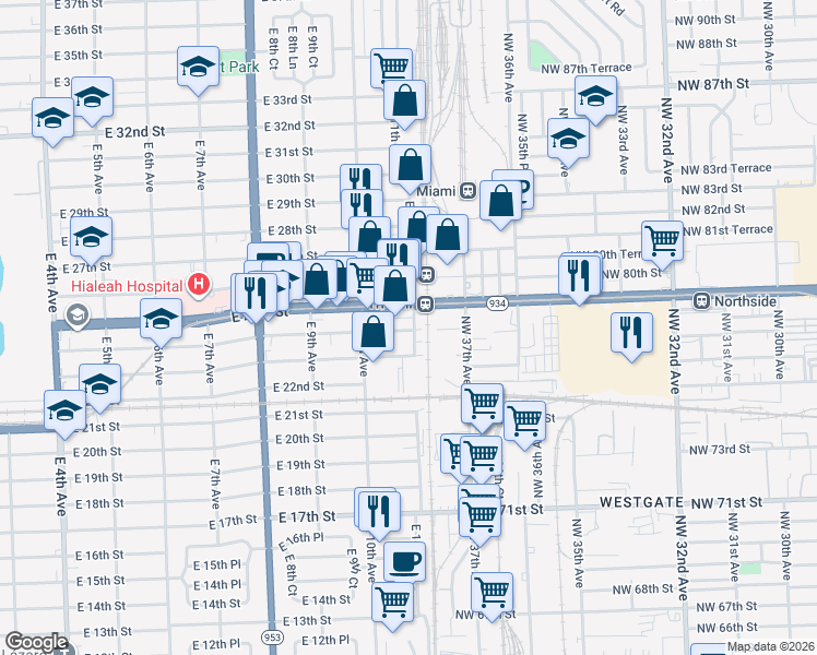 map of restaurants, bars, coffee shops, grocery stores, and more near in Hialeah