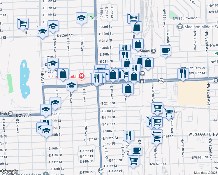 map of restaurants, bars, coffee shops, grocery stores, and more near 840 East 25th Street in Hialeah