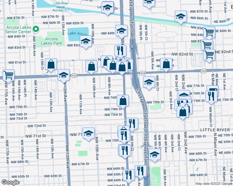 map of restaurants, bars, coffee shops, grocery stores, and more near 711 Northwest 77th Street in Miami
