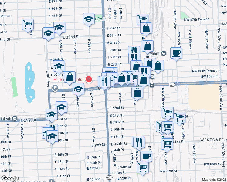 map of restaurants, bars, coffee shops, grocery stores, and more near 860 East 25th Street in Hialeah