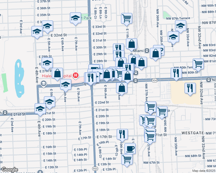 map of restaurants, bars, coffee shops, grocery stores, and more near 934 Northwest 79th Street in Hialeah