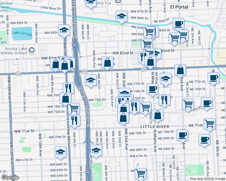 map of restaurants, bars, coffee shops, grocery stores, and more near 7636 Northwest 2nd Court in Miami