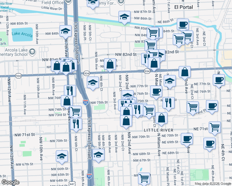 map of restaurants, bars, coffee shops, grocery stores, and more near 7636 Northwest 2nd Court in Miami