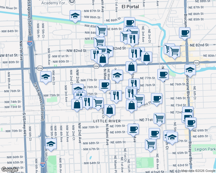 map of restaurants, bars, coffee shops, grocery stores, and more near 31 Northeast 76th Street in Miami