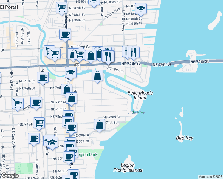 map of restaurants, bars, coffee shops, grocery stores, and more near 885 Northeast 76th Street in Miami