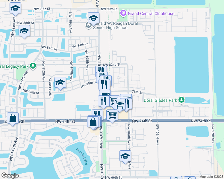 map of restaurants, bars, coffee shops, grocery stores, and more near 10569 Northwest 78th Terrace in Doral