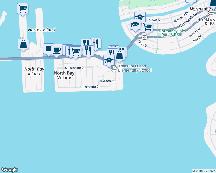 map of restaurants, bars, coffee shops, grocery stores, and more near 1801 South Treasure Drive in North Bay Village