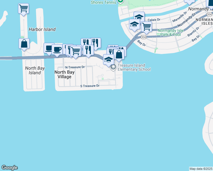 map of restaurants, bars, coffee shops, grocery stores, and more near 1801 South Treasure Drive in North Bay Village