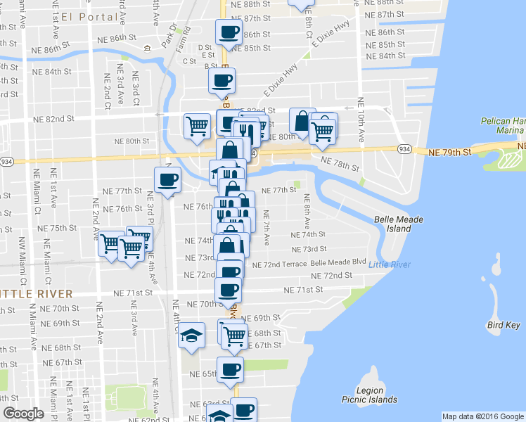 map of restaurants, bars, coffee shops, grocery stores, and more near 695 Northeast 76th Street in Miami