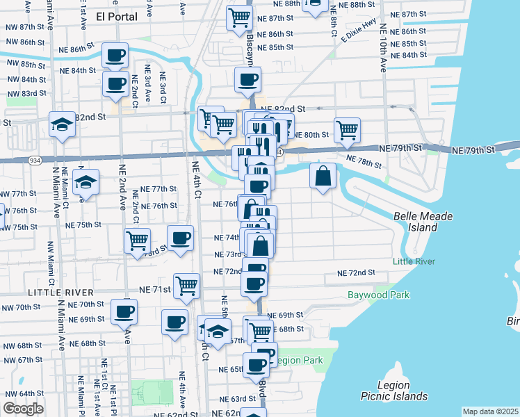 map of restaurants, bars, coffee shops, grocery stores, and more near 617 Northeast 76th Street in Miami