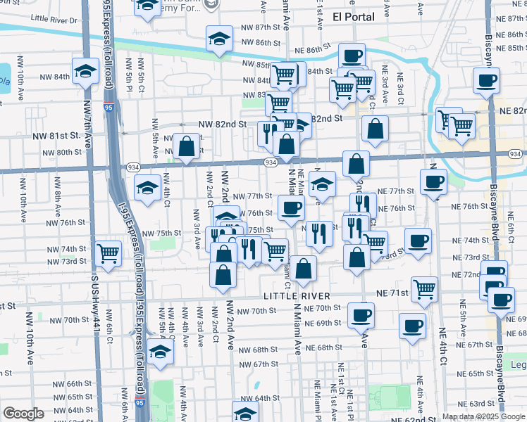 map of restaurants, bars, coffee shops, grocery stores, and more near 111 Northwest 76th Street in Miami