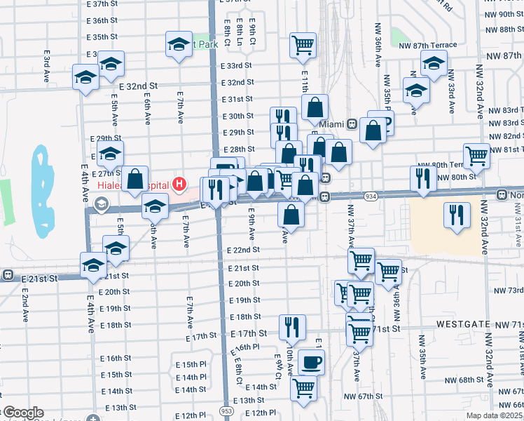 map of restaurants, bars, coffee shops, grocery stores, and more near 934 Northwest 79th Street in Hialeah