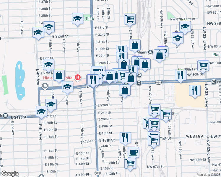 map of restaurants, bars, coffee shops, grocery stores, and more near 934 Northwest 79th Street in Hialeah