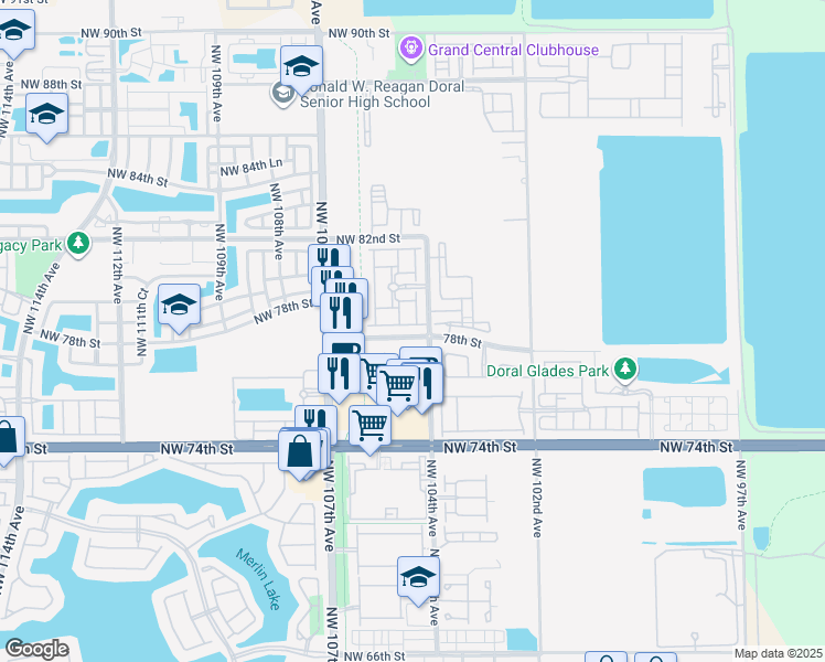map of restaurants, bars, coffee shops, grocery stores, and more near 7814 Northwest 104th Court in Doral