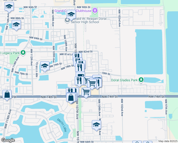 map of restaurants, bars, coffee shops, grocery stores, and more near 10569 Northwest 78th Terrace in Doral