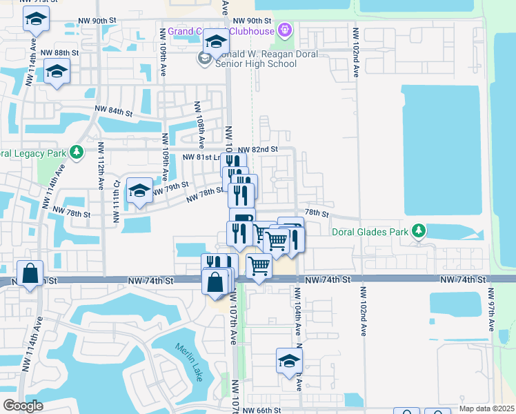 map of restaurants, bars, coffee shops, grocery stores, and more near 10569 Northwest 78th Terrace in Doral