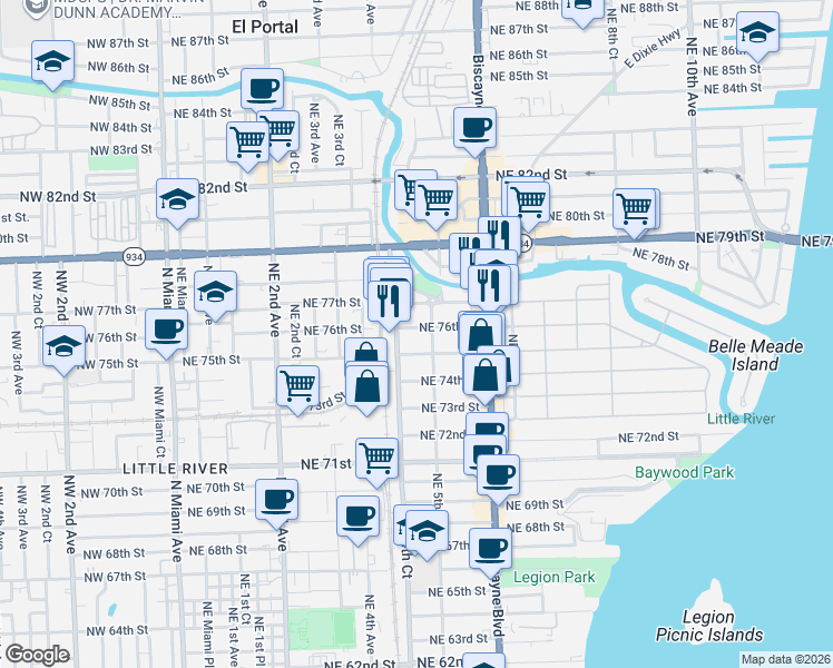map of restaurants, bars, coffee shops, grocery stores, and more near 461 Northeast 76th Street in Miami