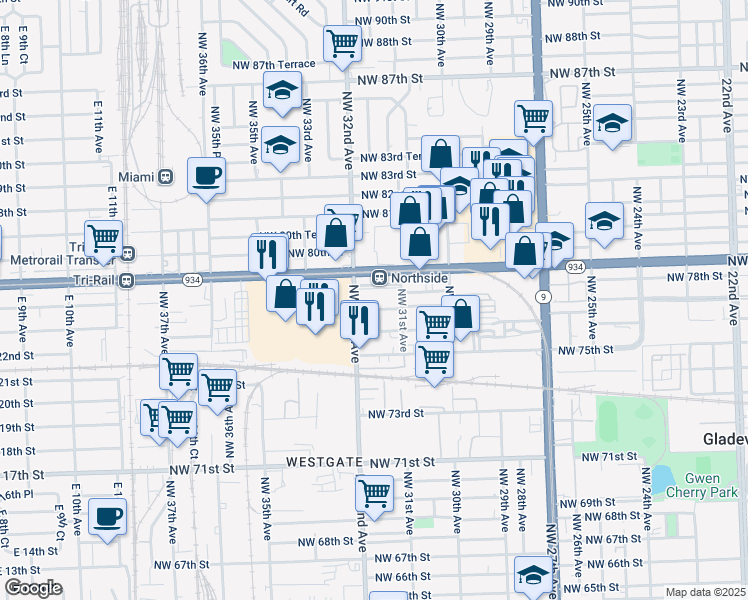 map of restaurants, bars, coffee shops, grocery stores, and more near 3131 Northwest 77th Street in Miami