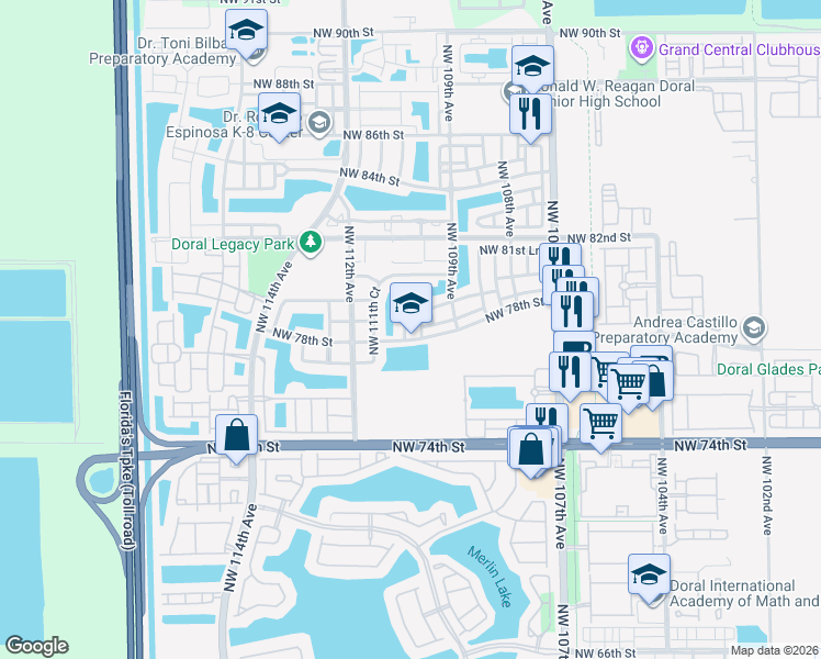 map of restaurants, bars, coffee shops, grocery stores, and more near 7862 Northwest 109th Path in Doral