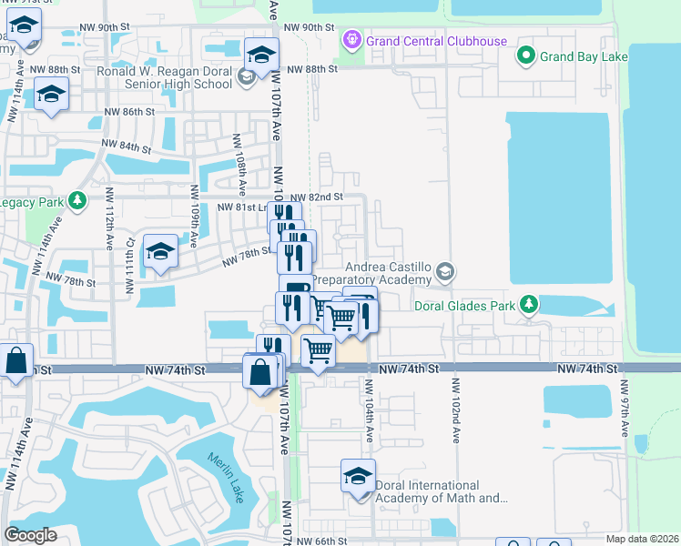 map of restaurants, bars, coffee shops, grocery stores, and more near 7814 Northwest 104th Court in Doral