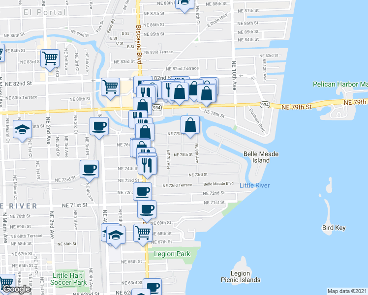 map of restaurants, bars, coffee shops, grocery stores, and more near 750 Northeast 76th Street in Miami