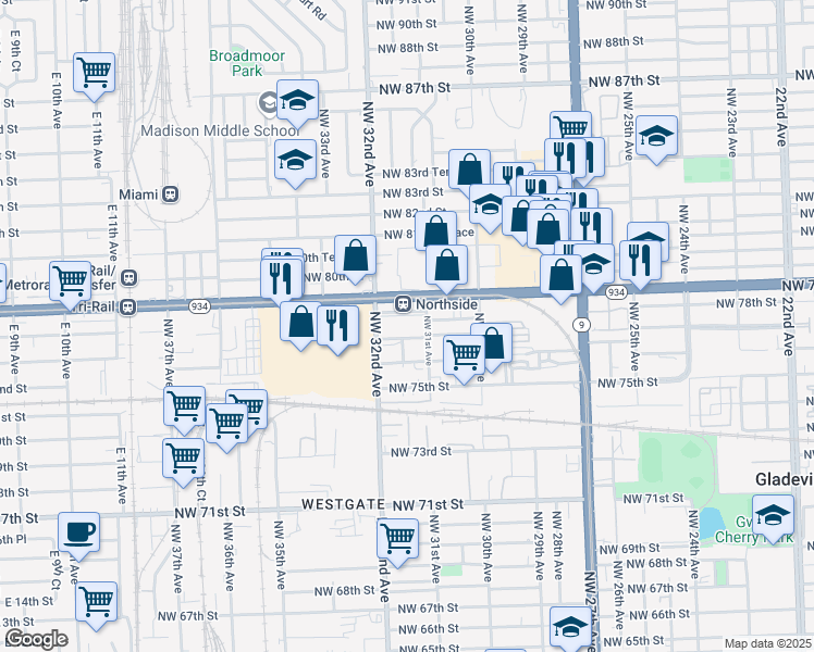 map of restaurants, bars, coffee shops, grocery stores, and more near 3131 Northwest 77th Street in Miami