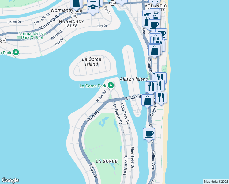 map of restaurants, bars, coffee shops, grocery stores, and more near 6421 Alton Road in Miami Beach