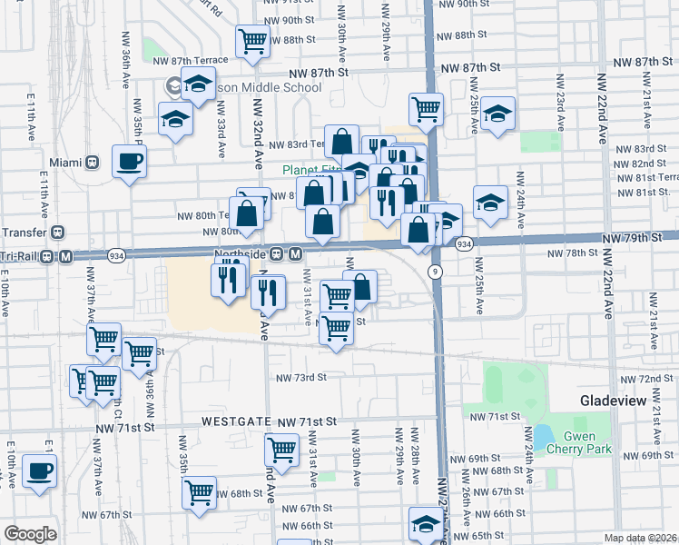 map of restaurants, bars, coffee shops, grocery stores, and more near 3056 Northwest 78th Street in Miami