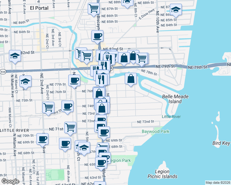 map of restaurants, bars, coffee shops, grocery stores, and more near 694 Northeast 76th Street in Miami