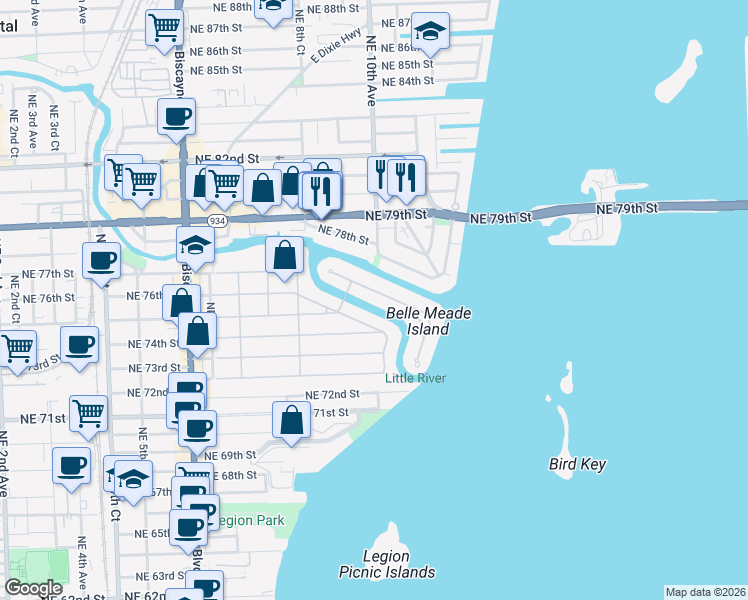 map of restaurants, bars, coffee shops, grocery stores, and more near 940 Belle Meade Island Drive in Miami