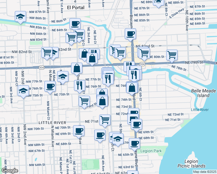 map of restaurants, bars, coffee shops, grocery stores, and more near 7600 Northeast 4th Court in Miami