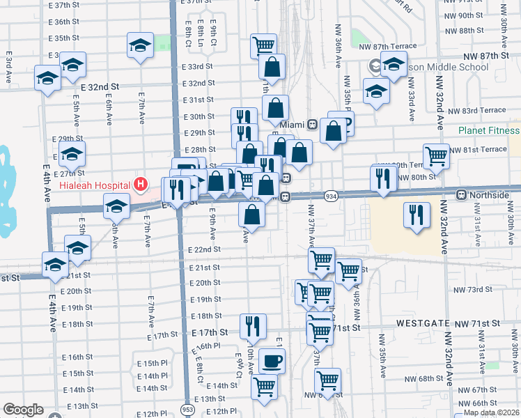 map of restaurants, bars, coffee shops, grocery stores, and more near in Hialeah