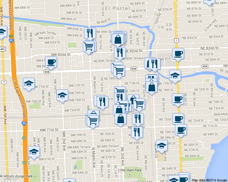 map of restaurants, bars, coffee shops, grocery stores, and more near 7618 Northeast 2nd Avenue in Miami