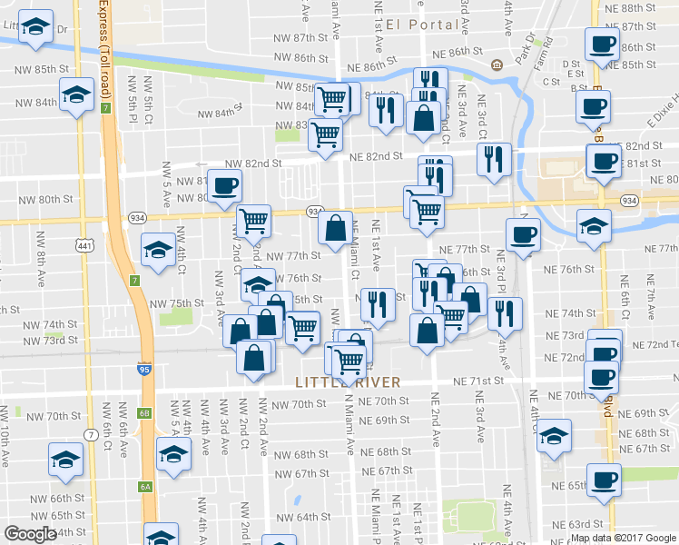 map of restaurants, bars, coffee shops, grocery stores, and more near 7618 North Miami Avenue in Miami