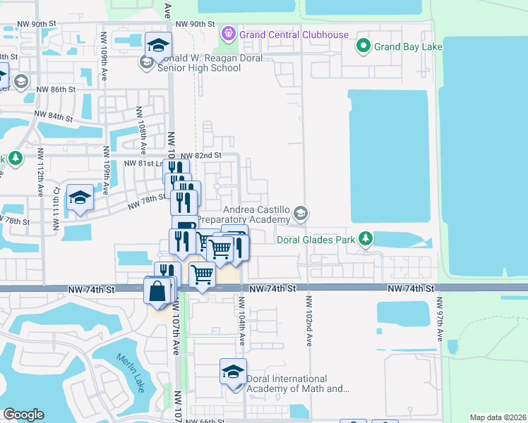 map of restaurants, bars, coffee shops, grocery stores, and more near 7855 Northwest 104th Avenue in Doral
