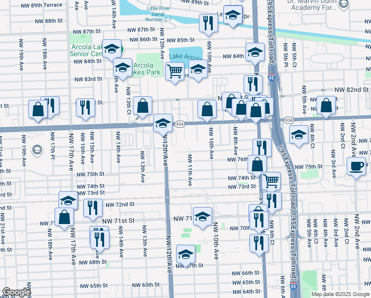 map of restaurants, bars, coffee shops, grocery stores, and more near 1111 Northwest 77th Street in Miami