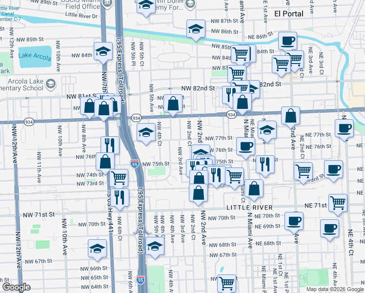 map of restaurants, bars, coffee shops, grocery stores, and more near 7636 Northwest 2nd Court in Miami
