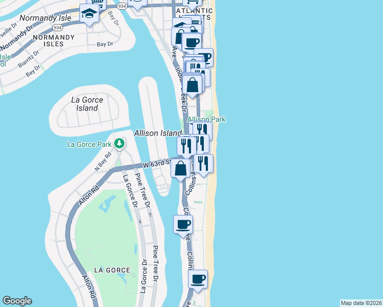 map of restaurants, bars, coffee shops, grocery stores, and more near 6305 Indian Creek Drive in Miami Beach