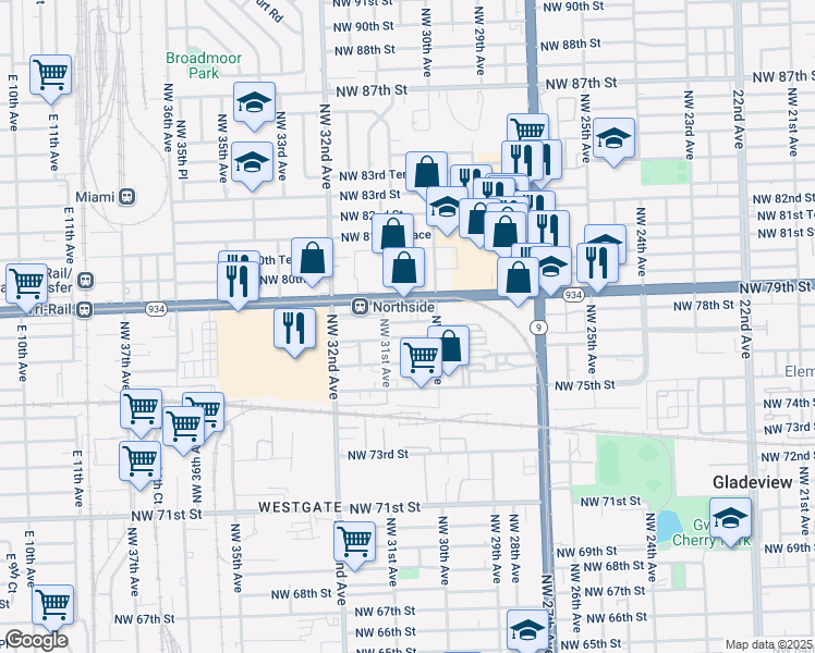 map of restaurants, bars, coffee shops, grocery stores, and more near 3056 Northwest 78th Street in Miami