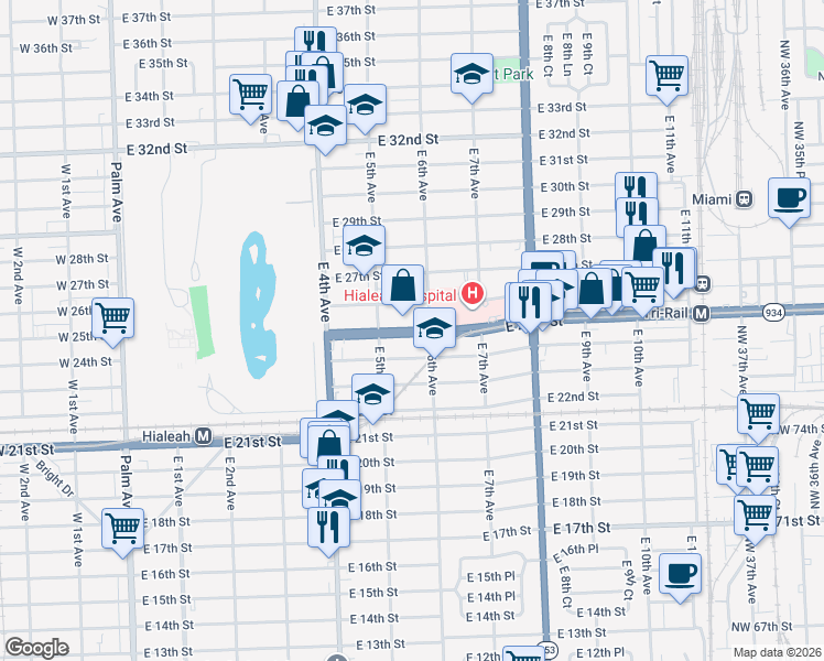 map of restaurants, bars, coffee shops, grocery stores, and more near 563 East 25th Street in Hialeah