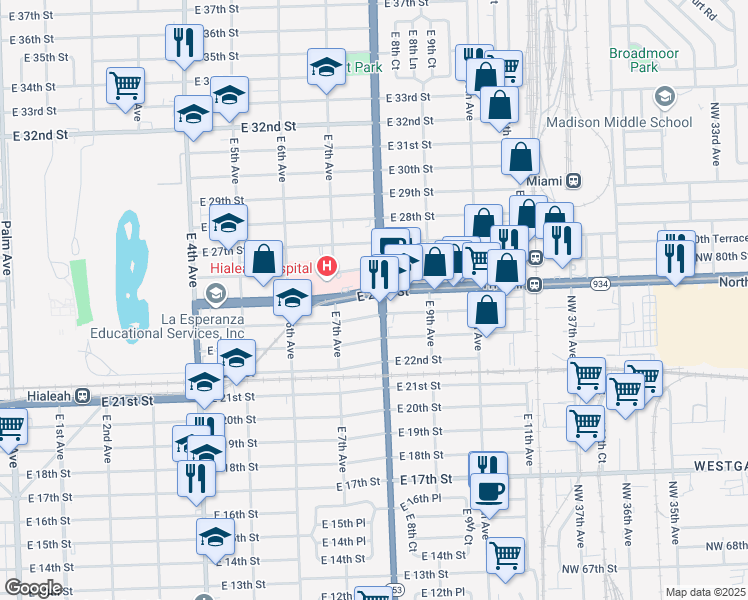 map of restaurants, bars, coffee shops, grocery stores, and more near 790 East 25th Street in Hialeah