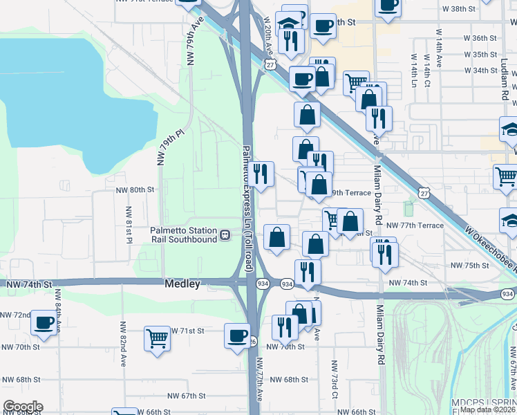 map of restaurants, bars, coffee shops, grocery stores, and more near 10891 Northwest 78th Terrace in Miami