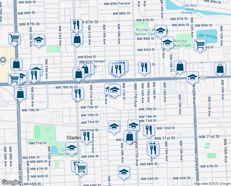 map of restaurants, bars, coffee shops, grocery stores, and more near 1895 Northwest 75th Street in Miami