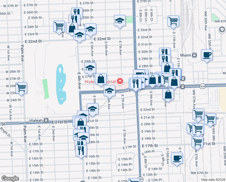 map of restaurants, bars, coffee shops, grocery stores, and more near 635 Northwest 79th Street in Hialeah