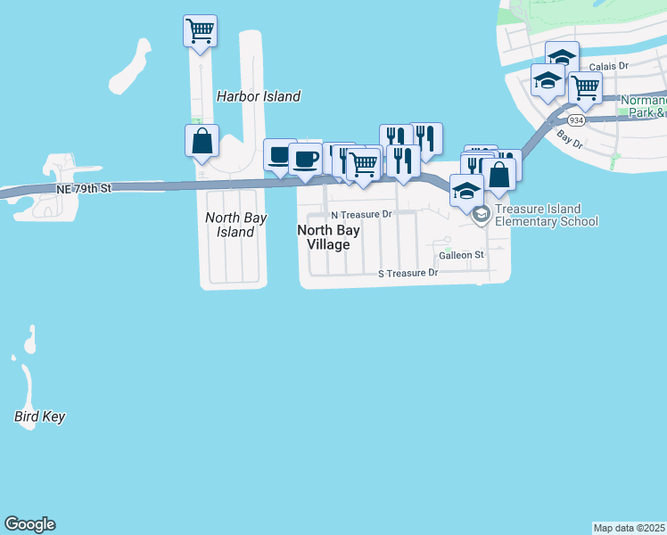 map of restaurants, bars, coffee shops, grocery stores, and more near 7505 Adventure Avenue in North Bay Village